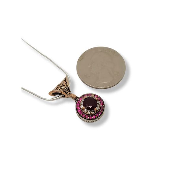 Vintage 925 Sterling and Bronze Round Ruby and White Zircon Halo Pendant 17 1/2" - Picture 6 of 10